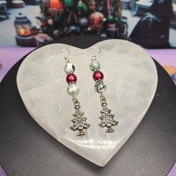 Tree Agate Beaded Christmas Tree Charm Gemstone Festive Earrings - Picture 3 of 7